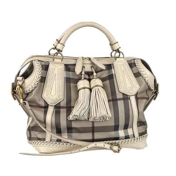 ❤️SOLD❤️BURBERRY Smoked Check & Woven Leather Medium Landscape Ellers Tote - Picture 1 of 15